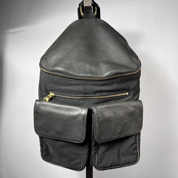 JOHNNY FARAH Black Leather/Nylon Backpack with Gold metal Hardware - Picture 1 of 12